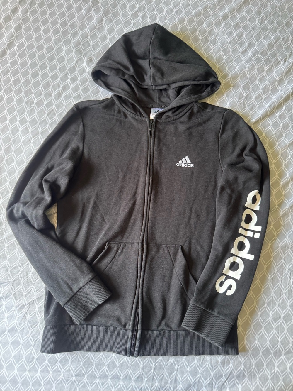 adidas Youth Black Zip-Up Hoodie with White Logo Sleeve